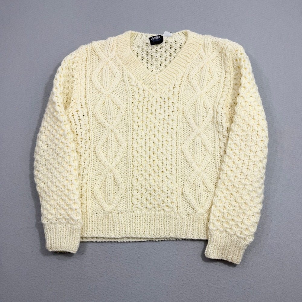 Vintage Van Cort Sweater XL Cream V-Neck Cable Knit Hand Knit Acrylic Pullover